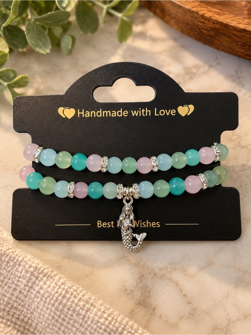 Handmade Mermaid Charm Pastel Bead Bracelet Set